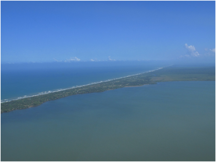 Arial view of Belen, Laguna Ibans and the coast of the Atlantic Ocean in the north-western part of the Rio Platano Biosphere Reserve.
