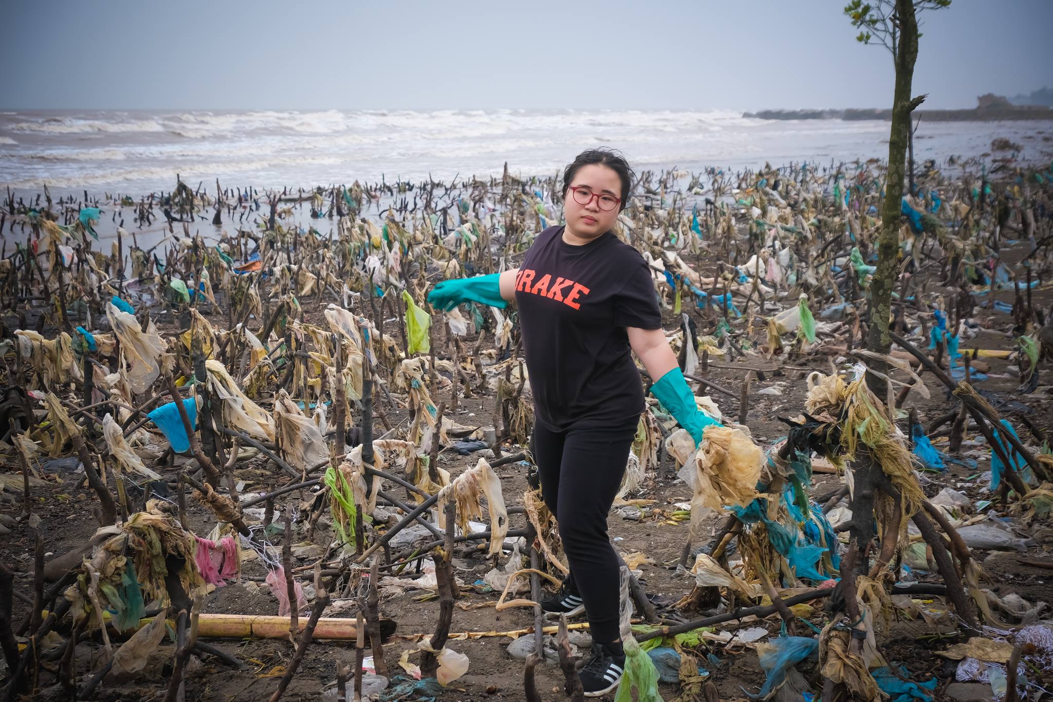 A girl was trying to clean up plastic waste trapped in the trees in Nam Dinh beach 
