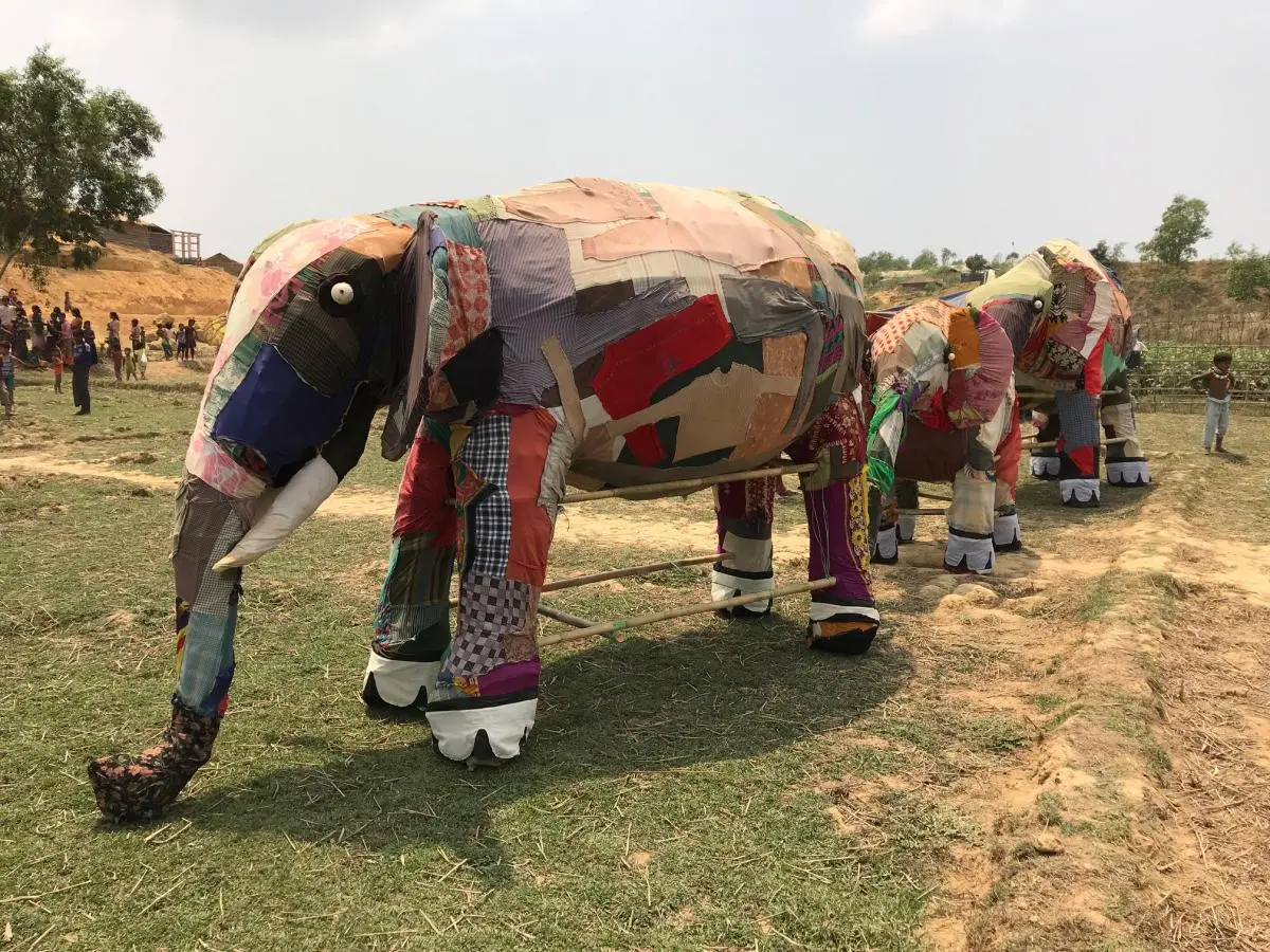 Elephants made of bamboo and colorful cloth