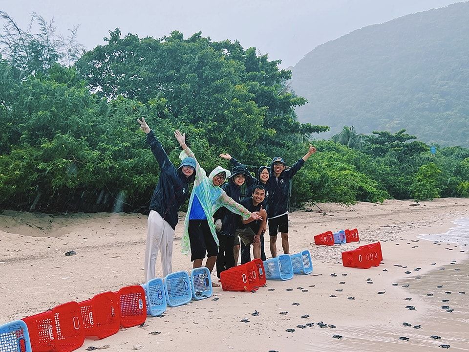 Volunteers released new born turtles in a rainy day at Con Dao NP  