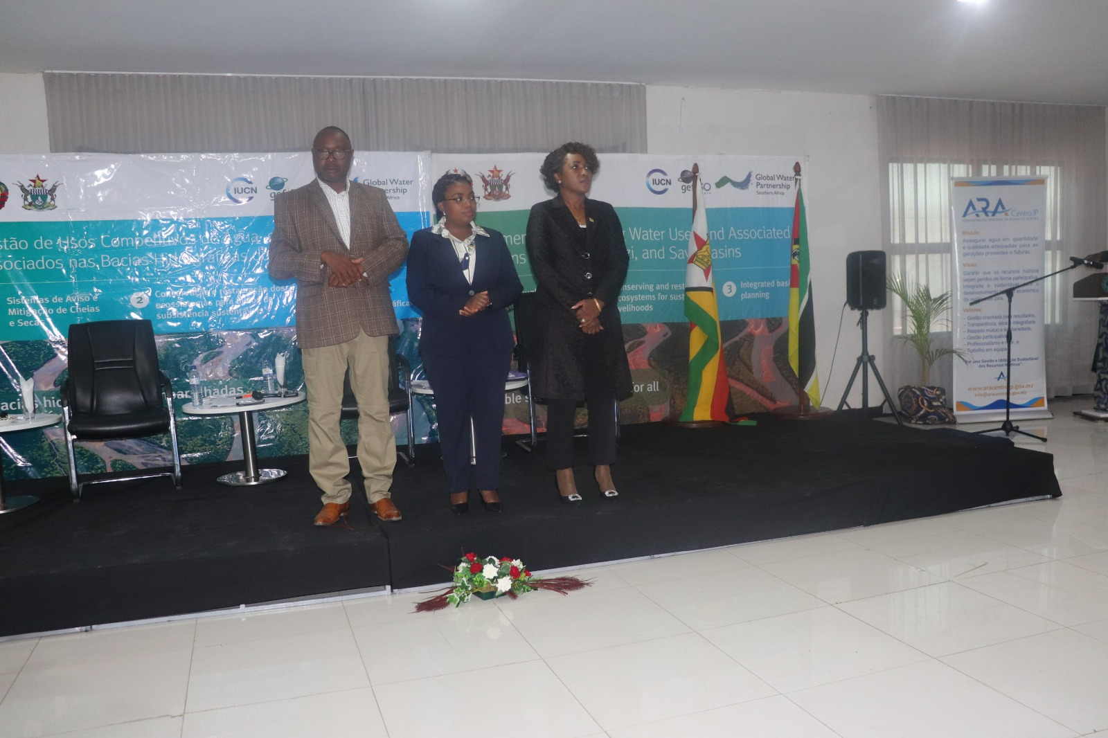 From left: Hon. Davis Mharapira, Deputy Minister of Lands, Agriculture, Fisheries, Water, and Rural Development of Zimbabwe, Hon. Cecilia Chamutota, Deputy Minister of Public Works, Housing and Water Resources of Mozambique and  Stela Zeca Pinto, the State Secretary of Sofala Province at the launch of  BUPUSACOM in Beira, Mozambique.