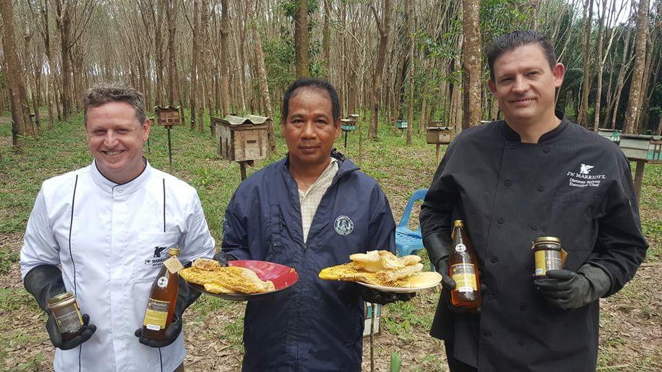 End-users meet the producers: (from left) Harry Cullinan, Executive Chef Phuket Marriott Resort & Spa, Merlin Beach; Sulaiman Mukura, Honey collector Nai Nang Apiculture Group; and Deitmar Splitzer, Executive Chef JW Marriott Phuket Resort & Spa