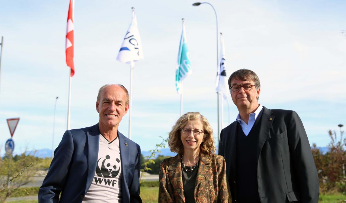 Marco Lambertini, Inger Andersen, André Hoffmann outside the IUCN Conservation Centre 10 October 2017