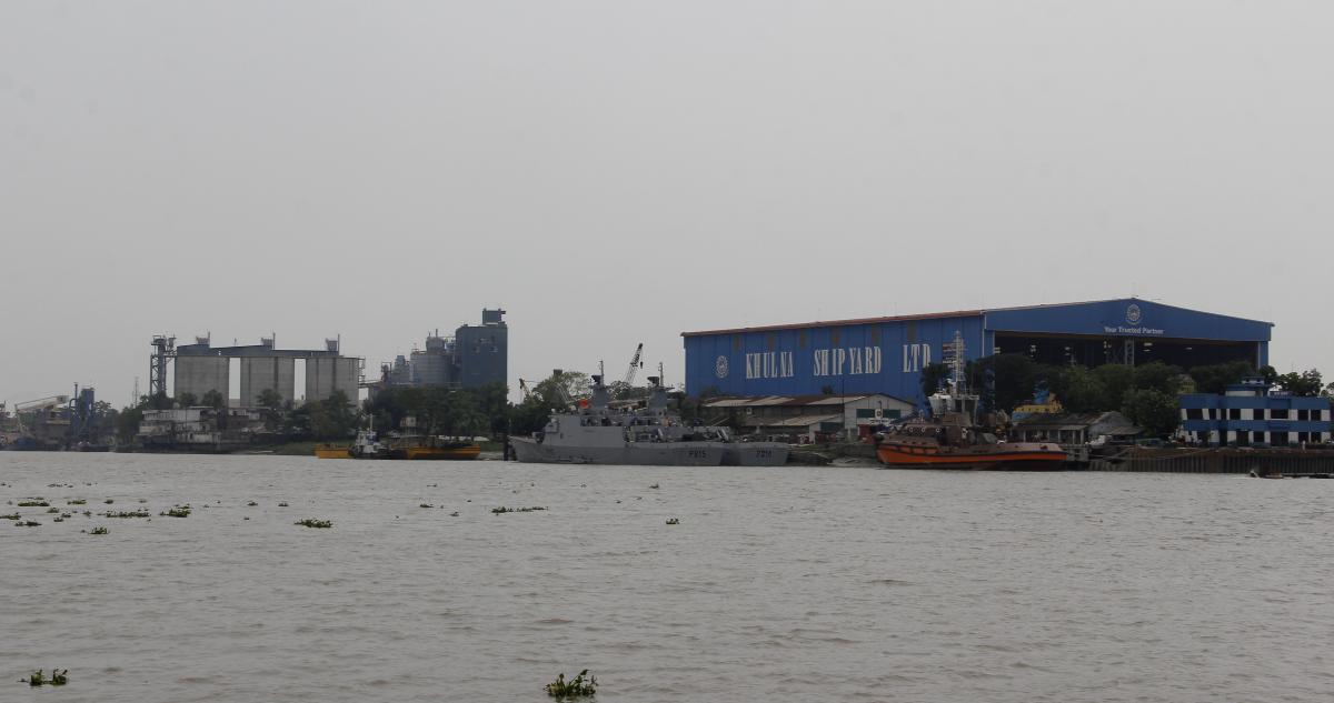 Industrial activities on the west bank of the Rupsha River in Khulna, Bangladesh.