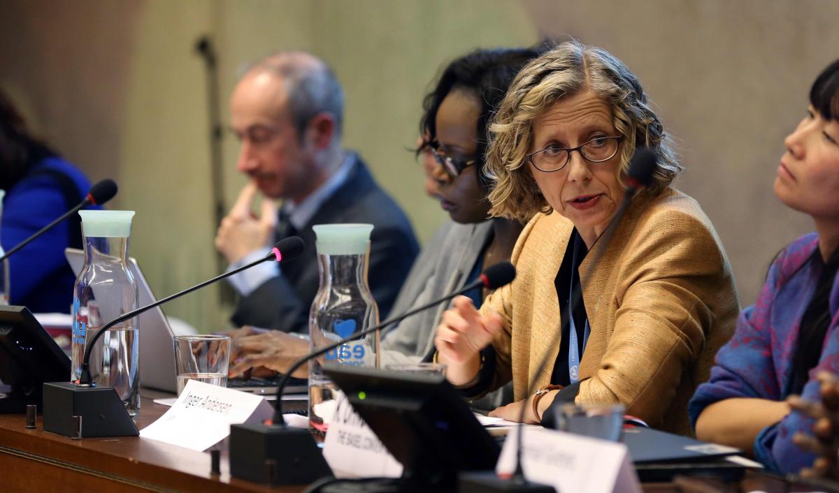 IUCN Director General Inger Andersen speaks at a marine plastics event at the UN Palais des Nations in Geneva, February 2019