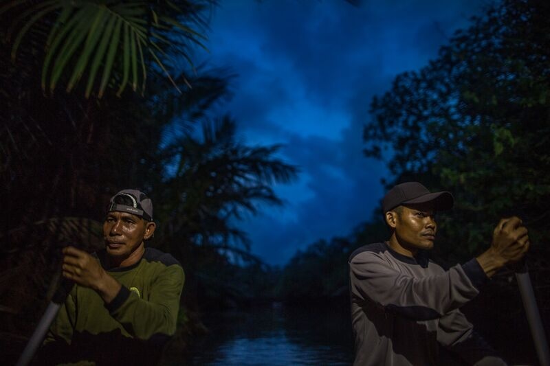 Rangers paddling down a river at night in search of Javan Rhino in Ujung Kulon National Park, Java