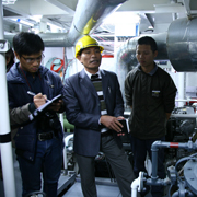 Technical manager introducing a waste water treatment system of Bhaya cruise to jounalists