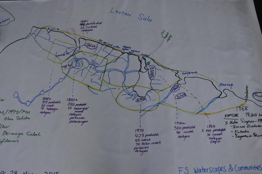 A map produced by community members providing information on their villages, that lie within the Ramsar site