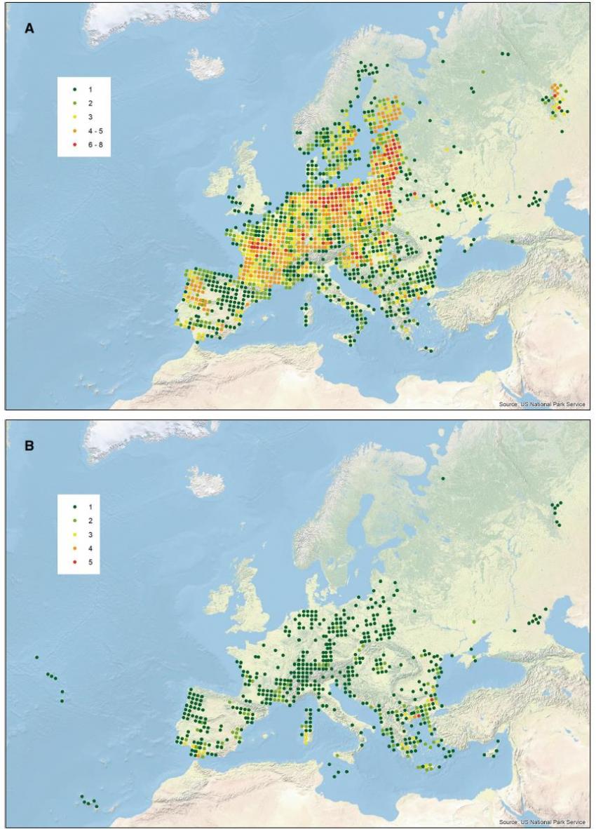 Fig. 4 Species diversity according to conservation status: A diversity map of the 16 species listed in the European Habitats Directive; B diversity map of the 19 species listed as Vulnerable, Endangered or Critically Endangered in the European Red List
