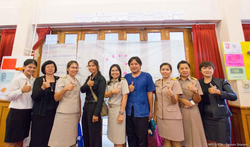Women leaders of Trat Province, including Klong Manao School Principle Kanchaporn Panphet, pose for a photo