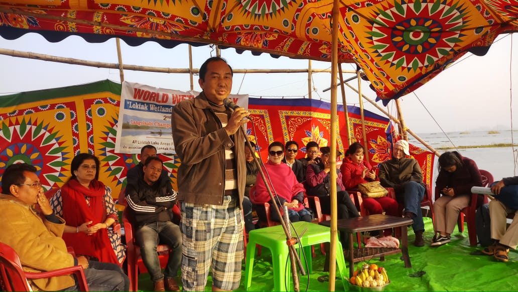 Salam Rajesh speaking at Champu Khangpok floating village in the midst of the lake