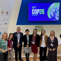 Members of the Water Pavilion at COP26 (from right to left: Henk Ovink, Cate Lamb, Chiara Colombo, Danielle Gaillard-Pichard, Jennifer Jun, James Dalton, Maria Ana Borges, Claire Warmenbol)