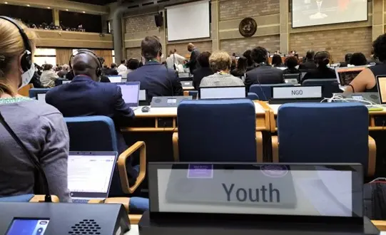 : The view from behind the Youth microphone during the June 2022 meeting of the Convention on Biological Diversity to negotiate the post-2020 Global Biodiversity Framework. 