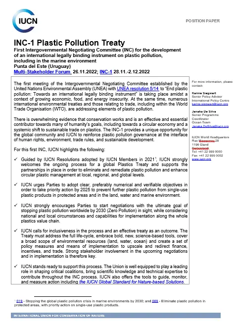 IUCN position INC-1 Plastics treaty - thumbnail cover