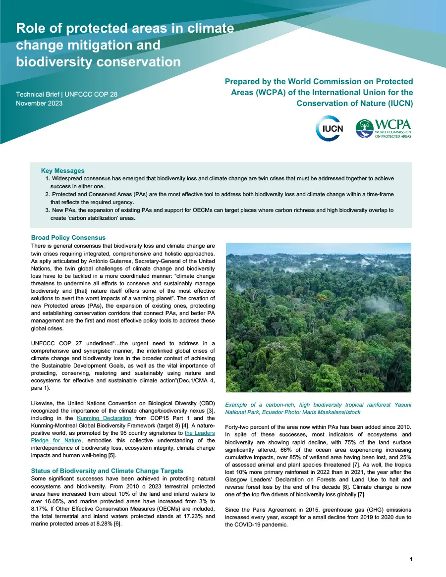 Role of protected areas in climate change mitigation and biodiversity conservation