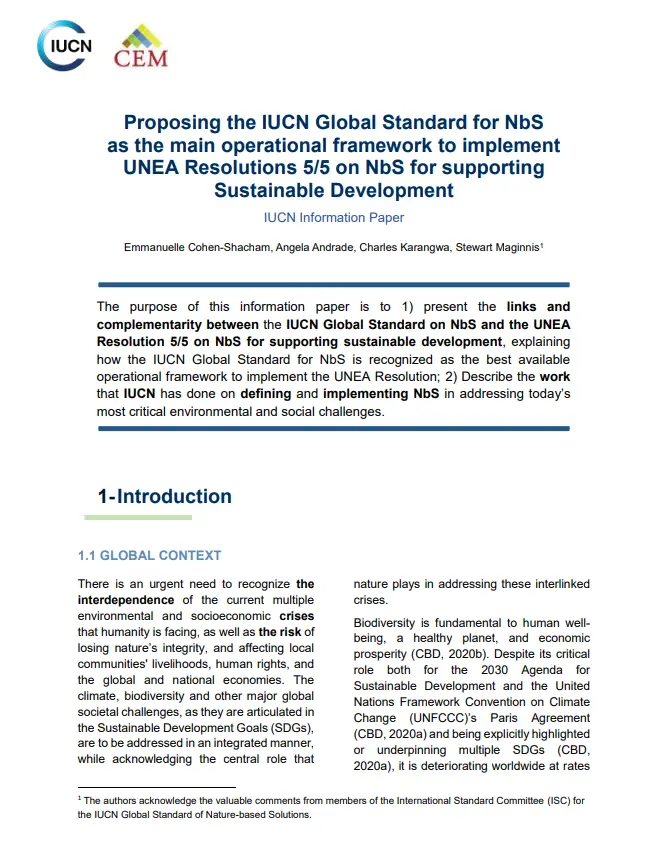 Proposing the IUCN Global Standard for NbS as the main operational framework to implement  UNEA Resolutions 5/5 on NbS for supporting  Sustainable Development