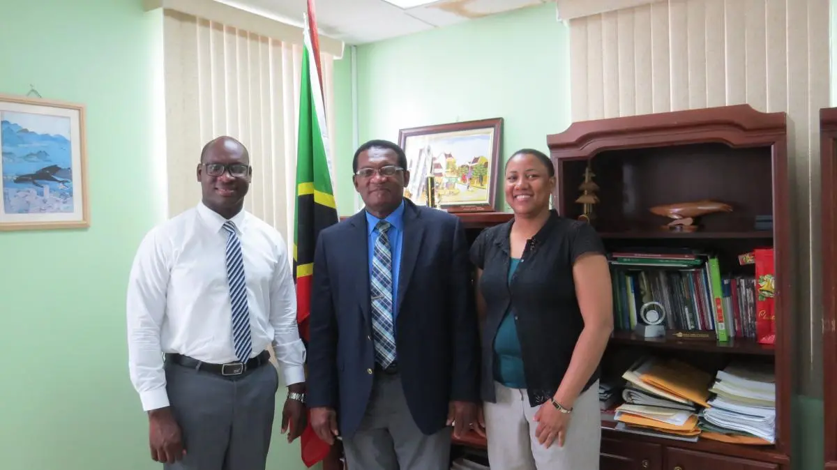 Hon. Enguene Hamilton - Minister with responsibility for Environment (middle) with Mr. Eavin Parry, St. Kitts and Nevis Project Focal Point (left) and Mrs. Melesha Gunning-Banhan – Project Coordinator (right).