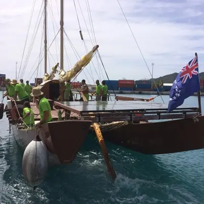 Marumaru Atua departing Rarotonga, Cook Islands, to start the 'Mua: Guided by Nature' voyage to Sydney for IUCN World Parks Congress 2014