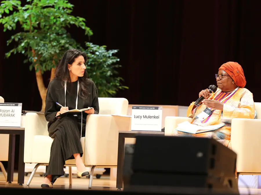 IUCN President Razan Al Mubarak listens to Lucy Mulenkei, Executive Director of the Indigenous Information Network 